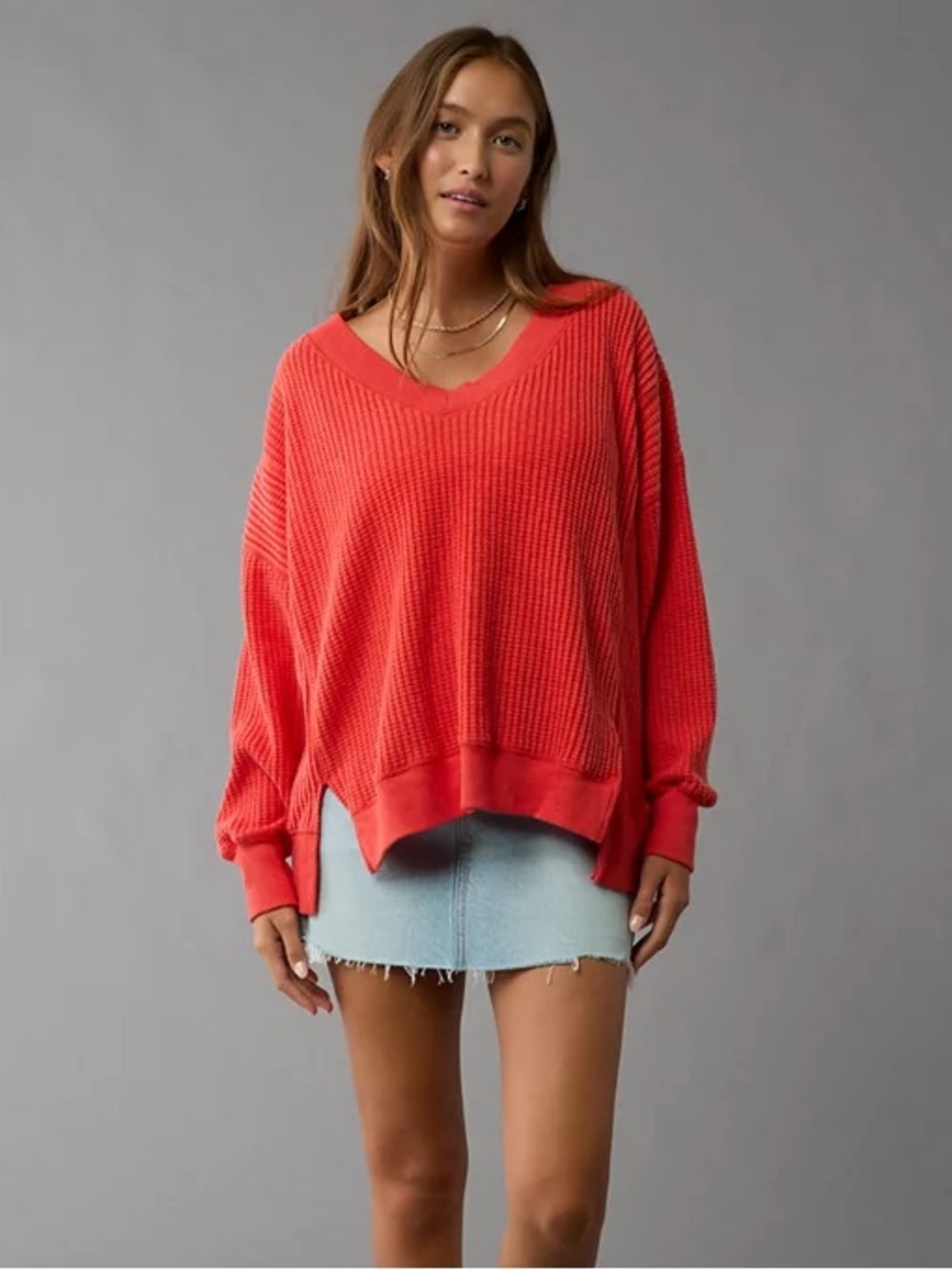 NWT American Eagle AE Big Hug Waffle V-Neck Sweatshirt in Red - S